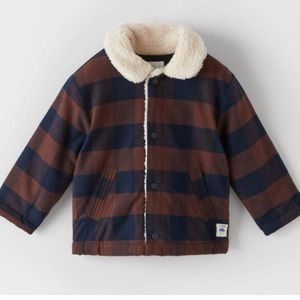 Zara Kids Brown and Blue Plaid Pea Coat